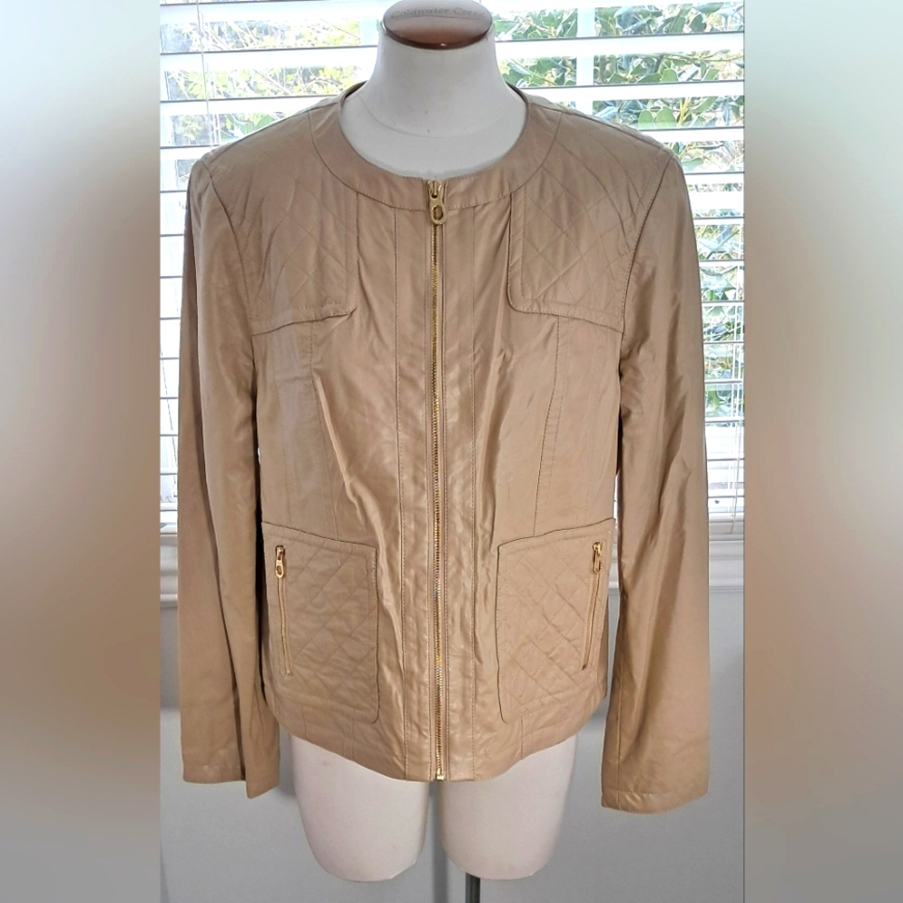 Jones New York Beige Faux Leather Long Sleeve Jacket Sz L NWOT